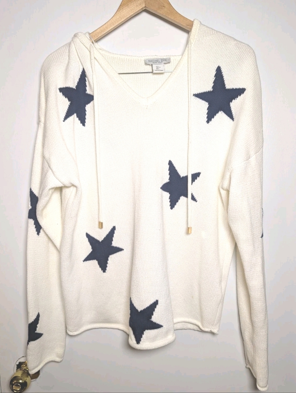 Rachel Zoe Sweater Hoodie Knit Ivory W/Navy Stars Women Size Large Coastal